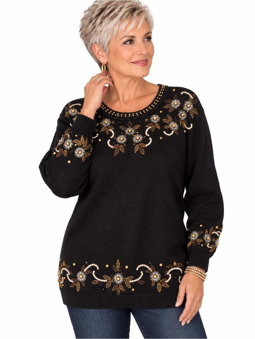 𝘿𝙖𝙣𝙖 𝙎𝙘𝙤𝙩𝙩 Sweater Black Beaded Floral Embellished Medium Gold Silver